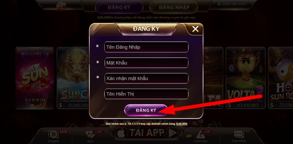 Người chơi nhấn chọn “đăng ký” để gửi thông tin tạo tài khoản 