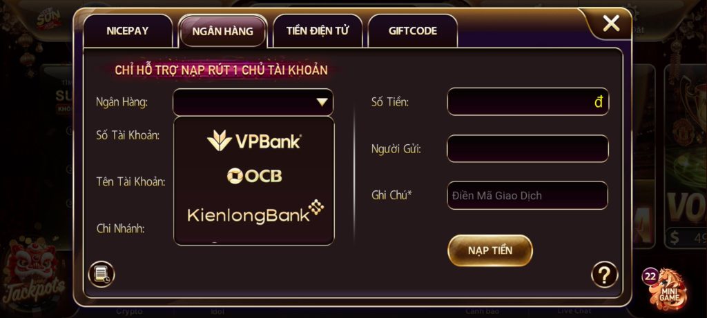 Hướng dẫn nạp tiền Sunwin qua ngân hàng 